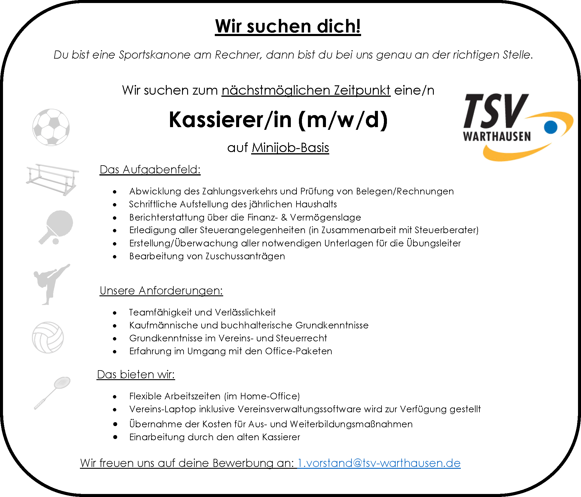 Stellenausschreibung Kassierer